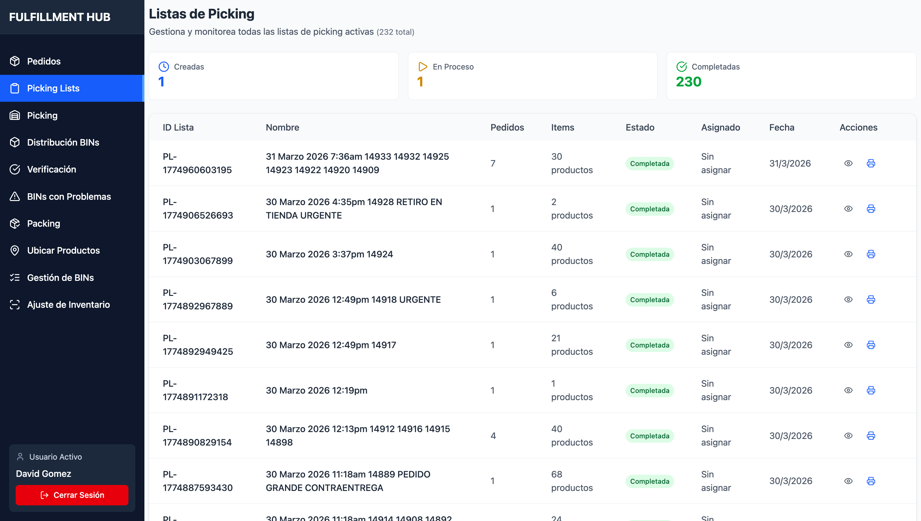 Picking lists module